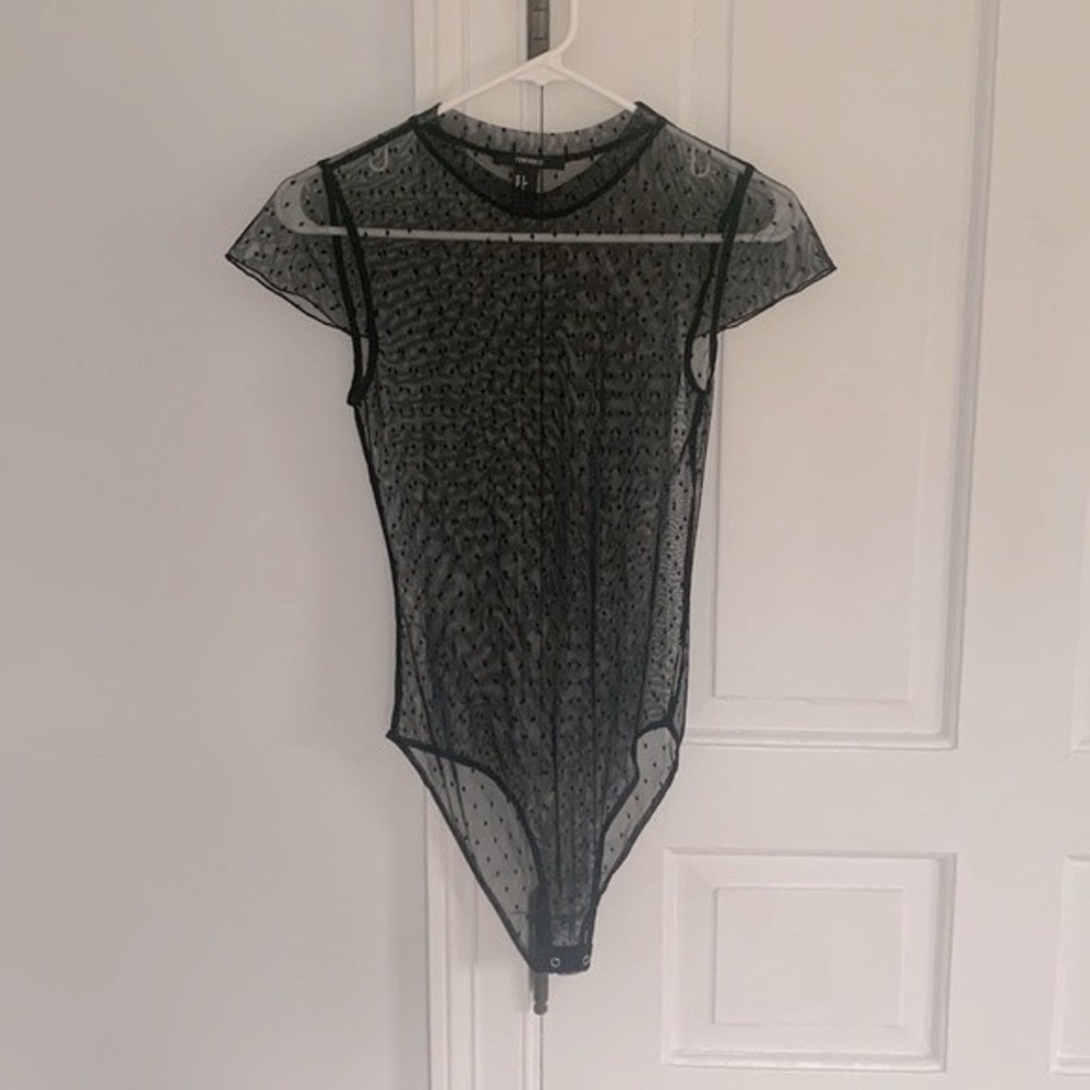 Forever 21 Black Sheer Mesh Swiss Dot Short Sleeve Bodysuit Small